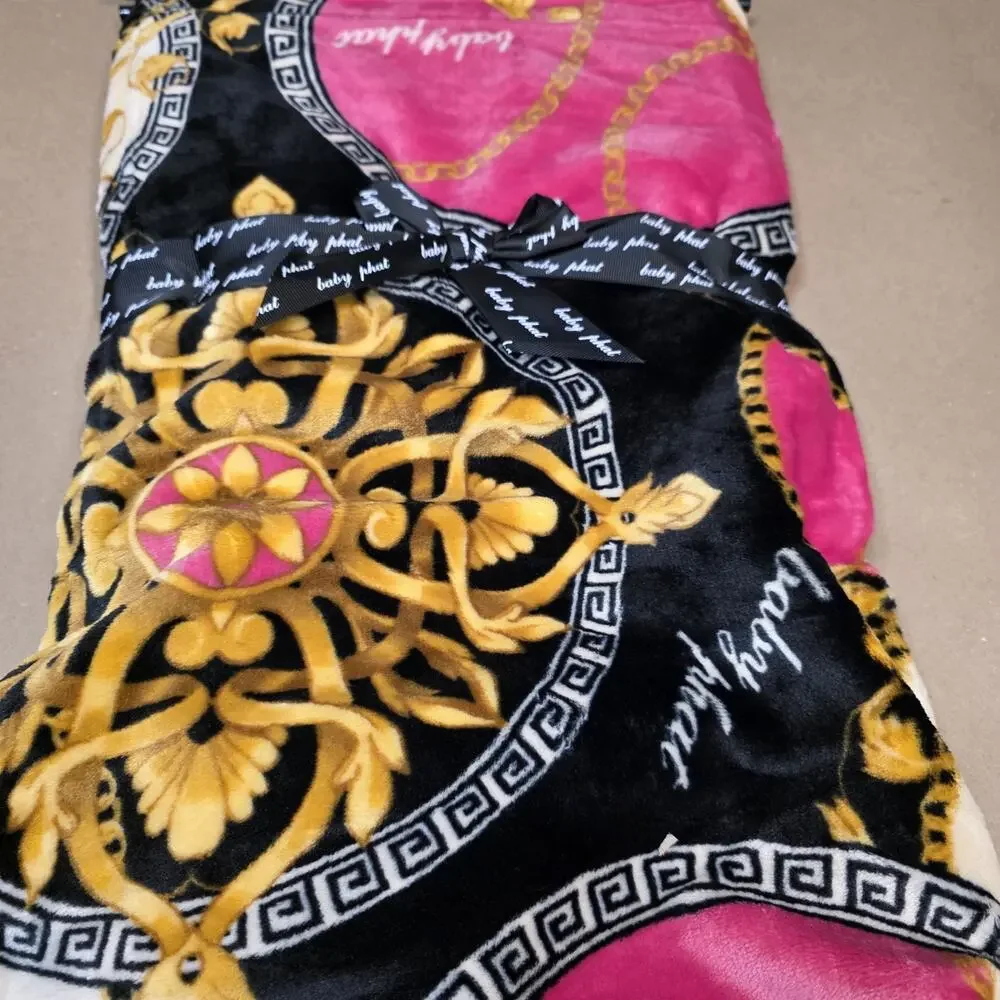 Baby Phat Black Gold Pink Baroque Chain Medal Print Throw Blanket 60x70 Y2K NEW